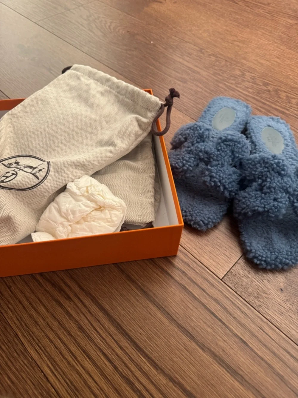 Hermes Blue Fuzzy Shearling Slide Sandals